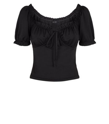 NEW LOOK-Noir Plissée Bardot Crop Top-Taille 14-Bnwt